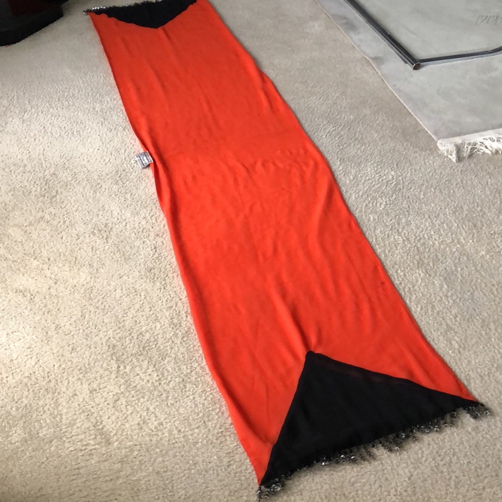 Orange chiffon shawl w/ Black diagonal base and sequin embellishments vintage